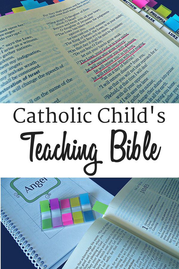 Catholic Child's Bible with highlighted text and colorful tabs.